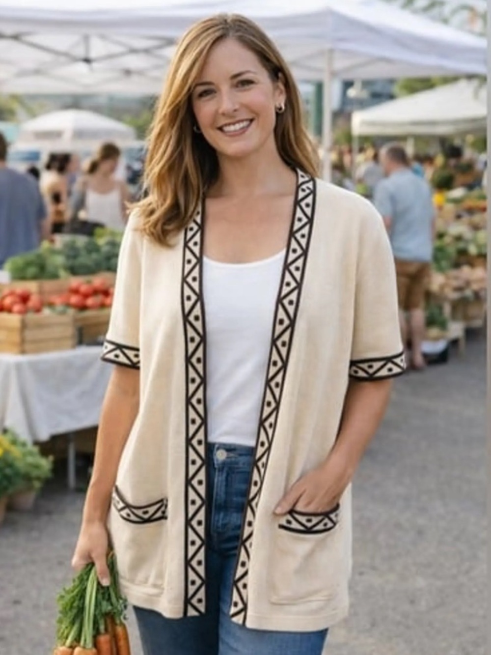 St. John  Knit Cardigan   cream brown short sleeve blazer size Medium